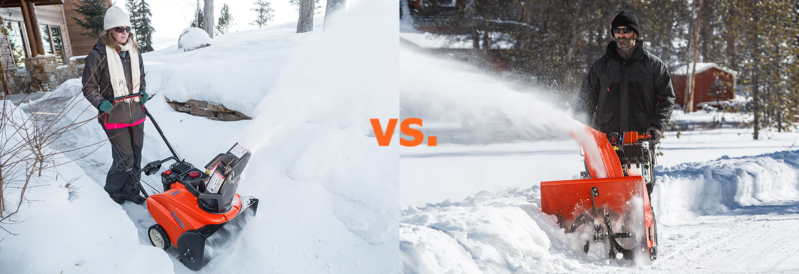 Woman pushing Simplicity single stage snow blower and man pushing two stage snow blower 